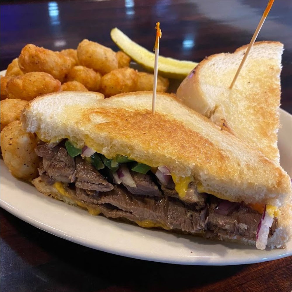 Prime Rib Grilled Cheese with tater tots